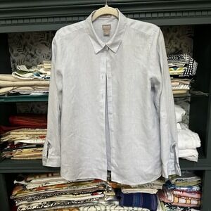 Chicos Women's 100% Linen No Iron Button Down Shirt Roll Tab Light Blue Size 1